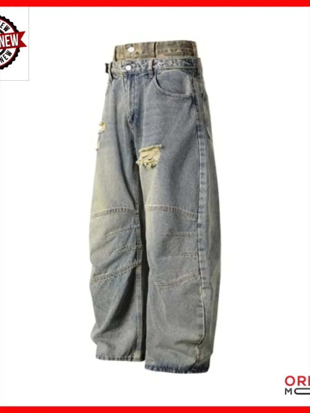 Wide Leg Denim Pants Double Waist Retro Washed Baggy Streetwear Jeans